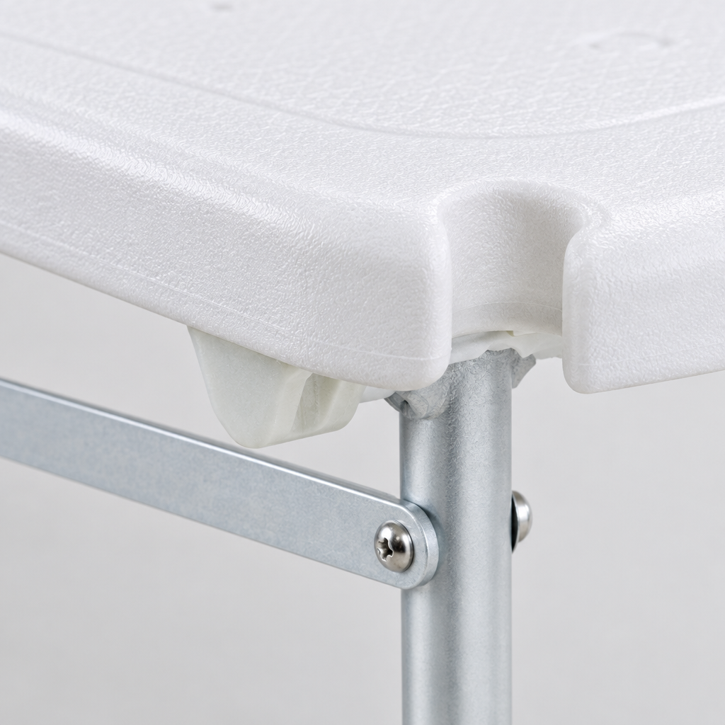 Close-up detail of the folding shower seat slats and hinge