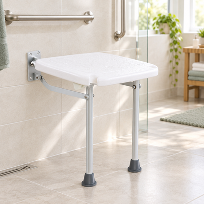 Wall mounted folding shower seat shown in a senior-friendly accessible bathroom
