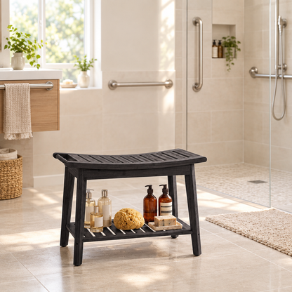 Wood shower bench shown in a senior-friendly accessible bathroom