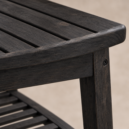 Close-up detail of the shower bench wood grain and joinery