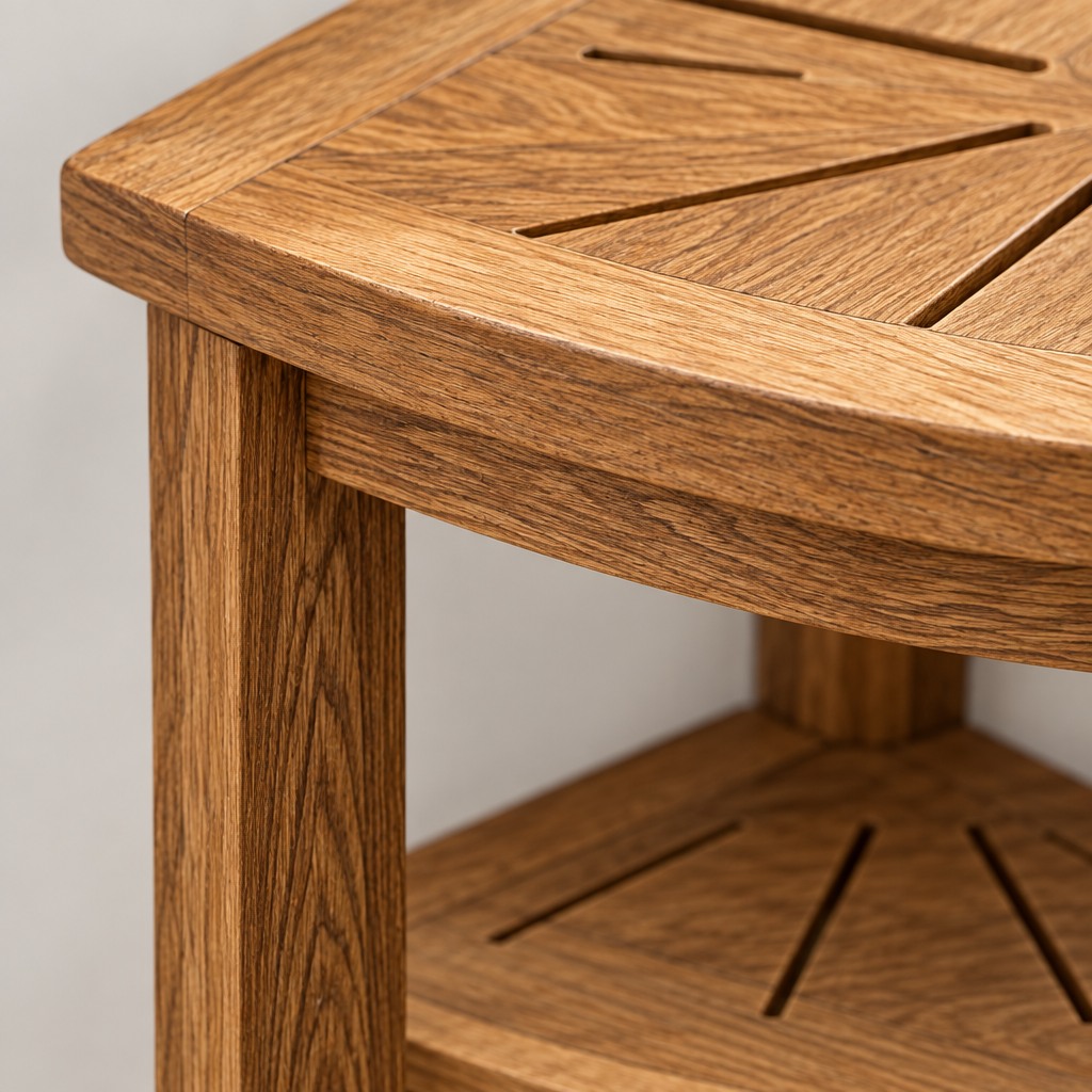 Close-up detail of the corner shower bench surface and mounting edge