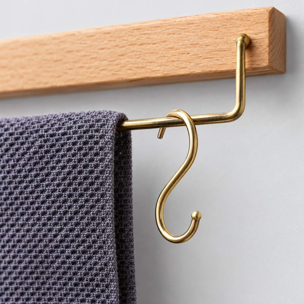 Close-up detail of the single pole towel bar hanger
