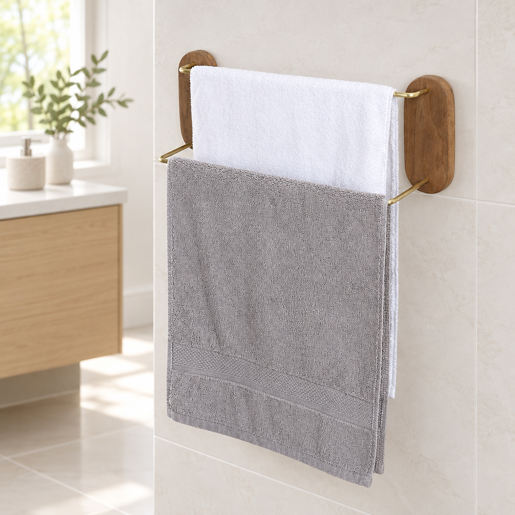 Brass single towel bar rack mounted in a bright bathroom