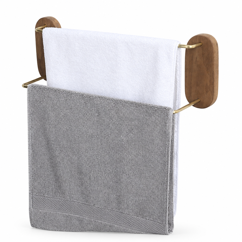 Brass single towel bar rack on a white studio background