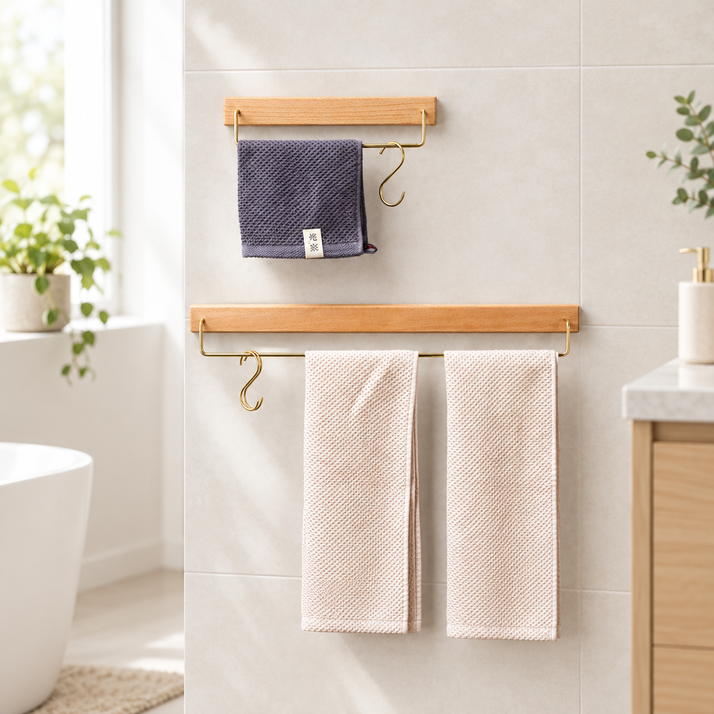 Wall hanging single pole towel bar in a modern bathroom