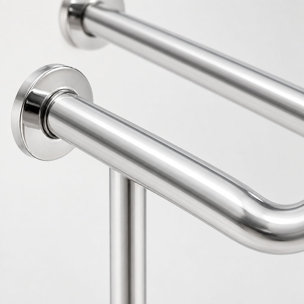 Close-up detail of the stainless steel grab bar surface and mounting flange