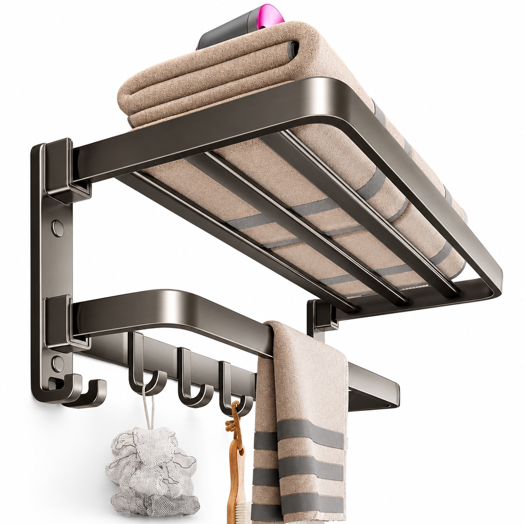 Punch-free bathroom towel rack on a white studio background