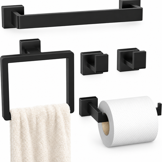 5-piece matte black bathroom hardware accessories set on a white studio background