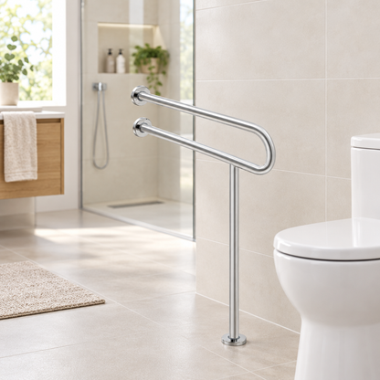 U-shaped toilet grab bar fitted in a senior-friendly accessible bathroom