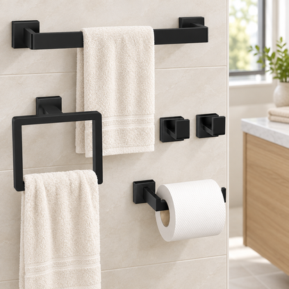 Matte black bathroom hardware set installed in a modern bathroom