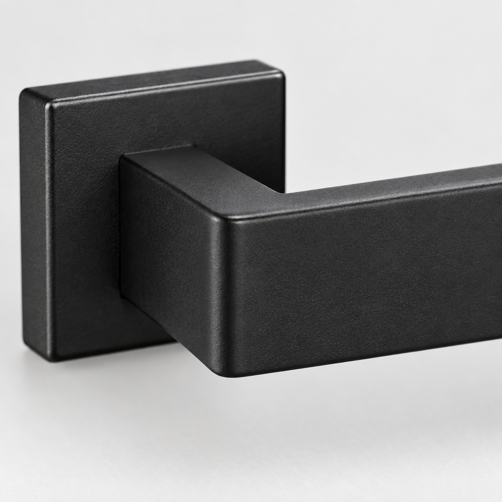 Close-up detail of the matte black stainless steel bathroom hardware finish