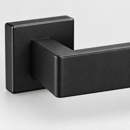 Close-up detail of the matte black stainless steel bathroom hardware finish