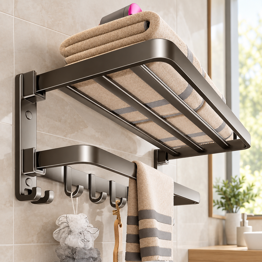 Punch-free wall mounted towel rack in a bright bathroom