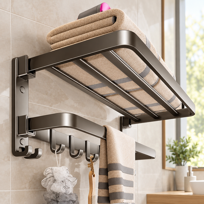 Punch-free wall mounted towel rack in a bright bathroom