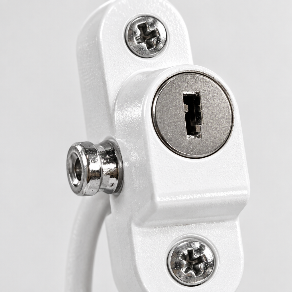 Close-up detail of the window security chain lock cable and housing