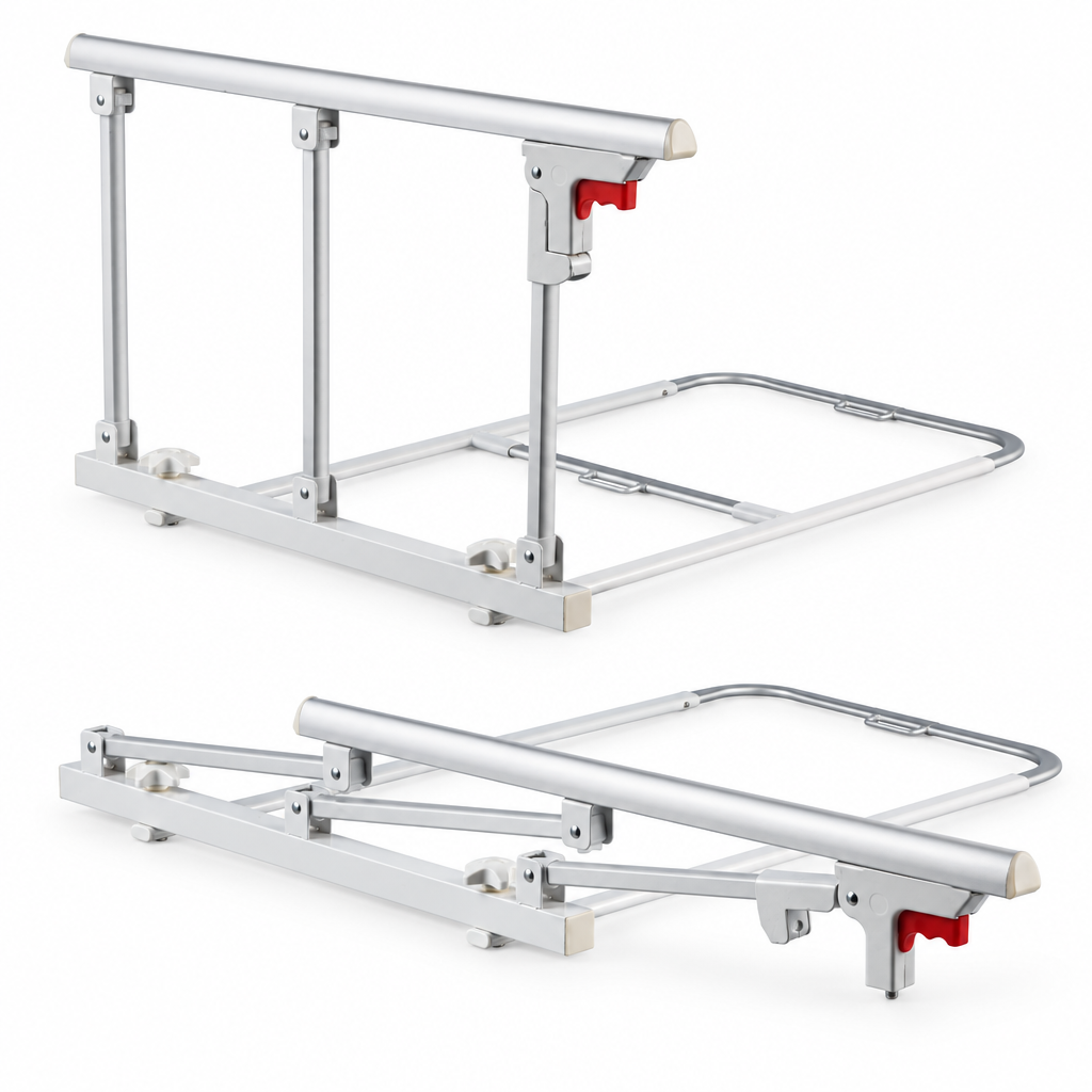 Foldable 28 inch bedside assist rail for elderly on a white studio background