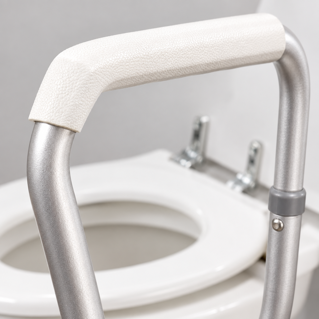 Close-up detail of the toilet handrail framework joint and finish