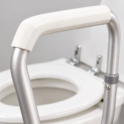 Close-up detail of the toilet handrail framework joint and finish