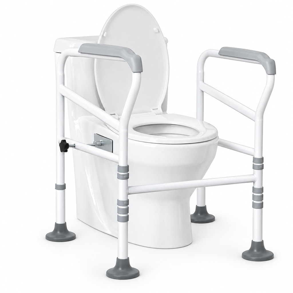 Toilet handrail with get-up assist shelf on a white studio background