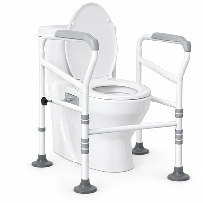 Toilet handrail with get-up assist shelf on a white studio background