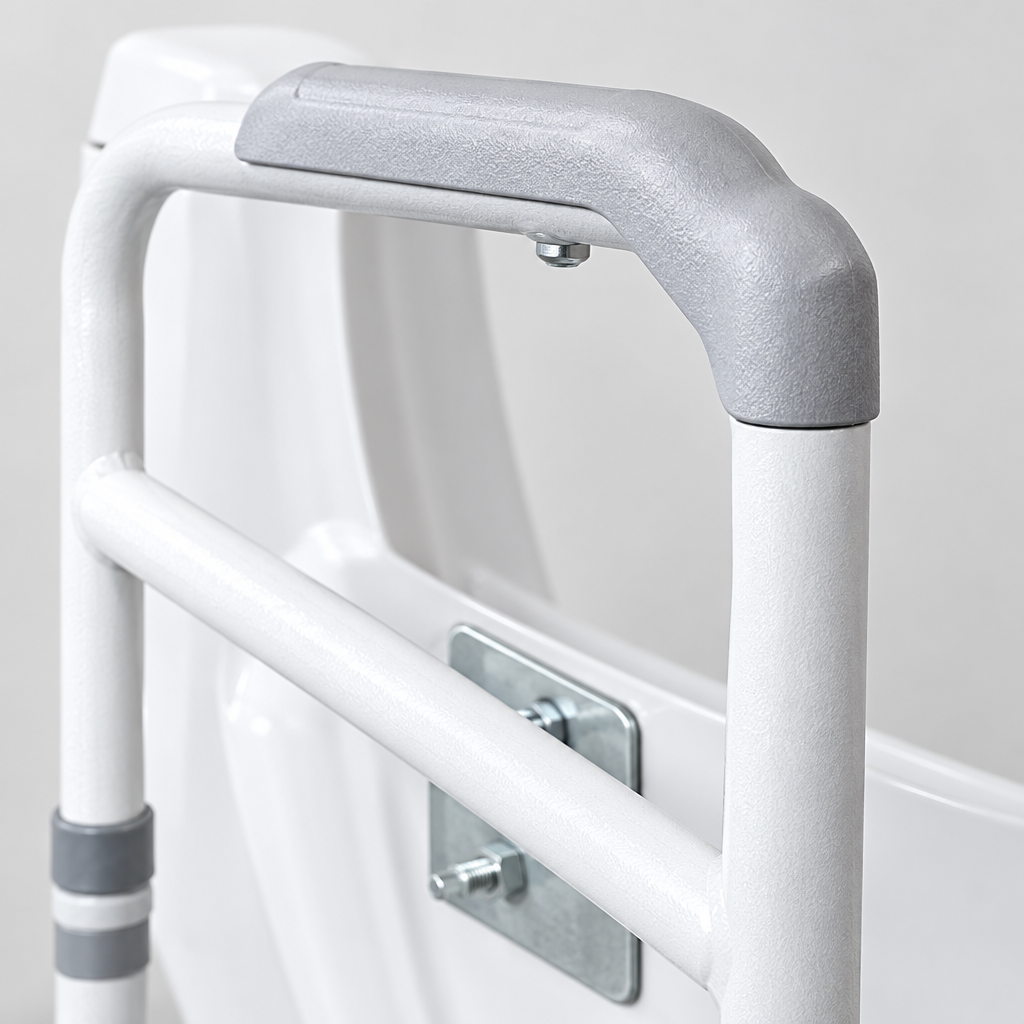 Close-up detail of the toilet handrail grip and shelf construction