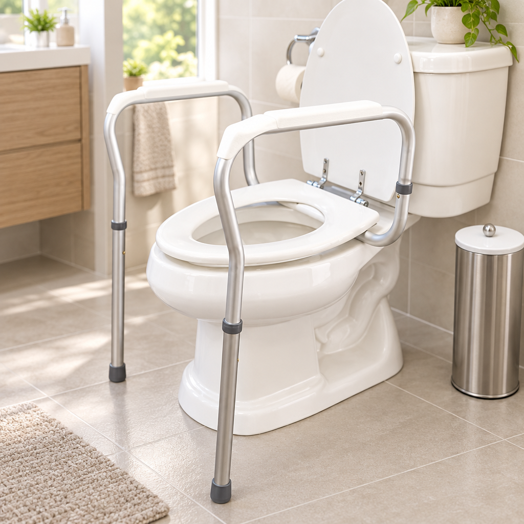 Toilet safety handrail framework in a senior-friendly accessible bathroom
