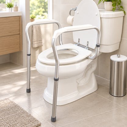 Toilet safety handrail framework in a senior-friendly accessible bathroom