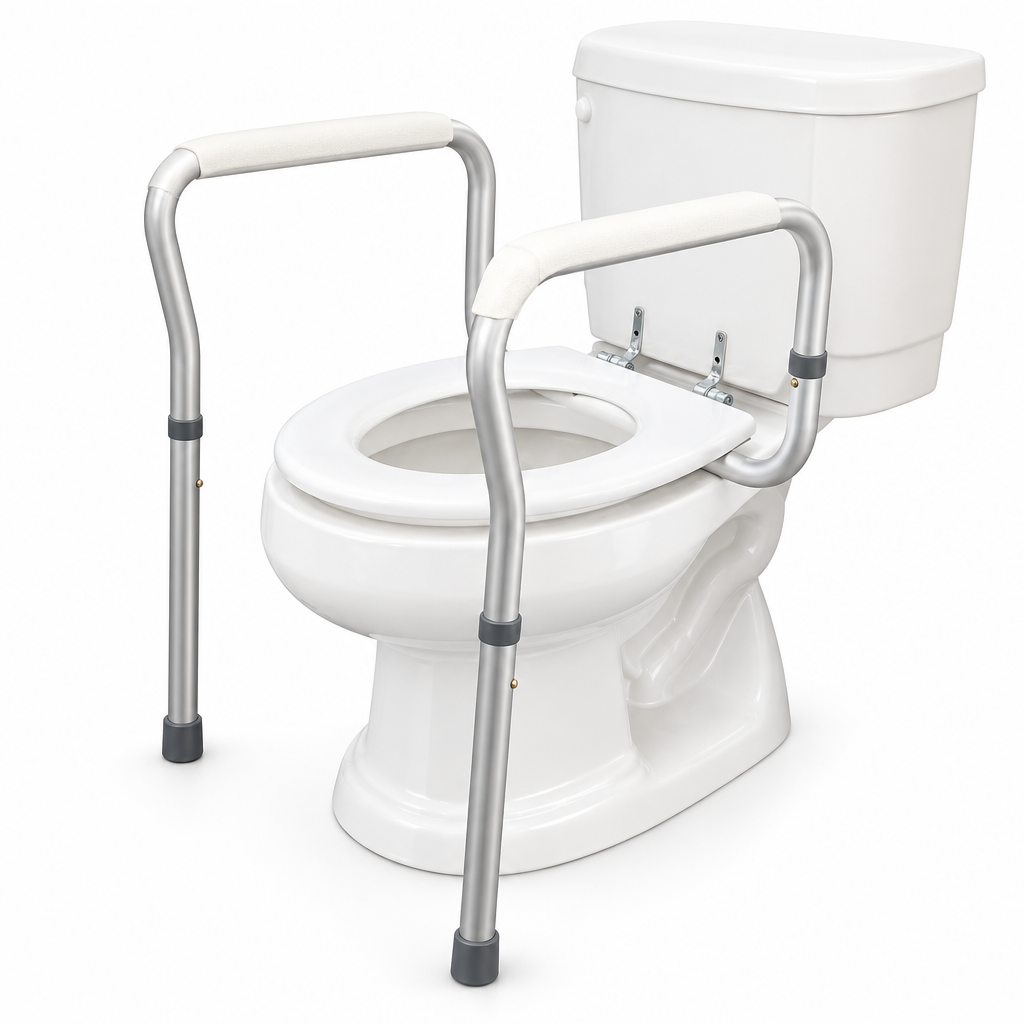 Toilet safety handrail framework for the elderly on a white studio background