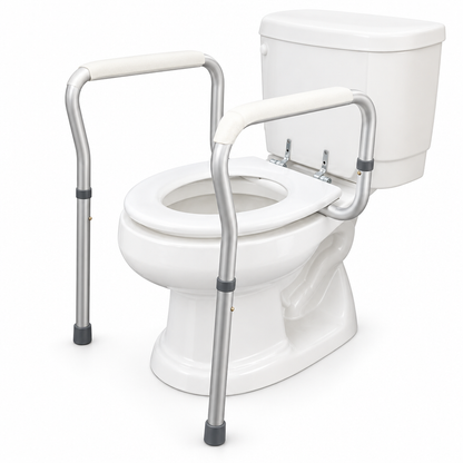 Toilet safety handrail framework for the elderly on a white studio background