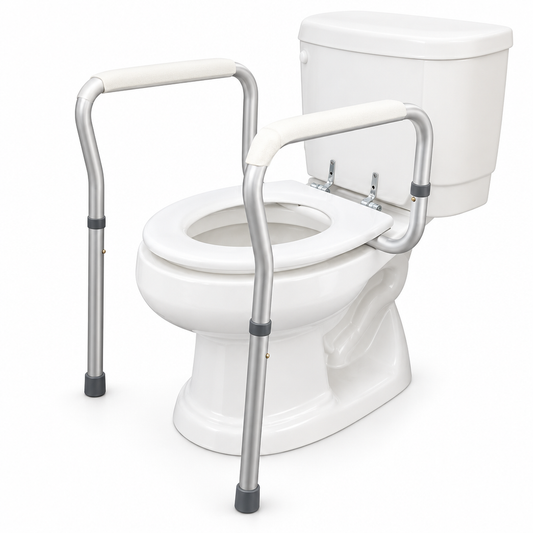 Toilet safety handrail framework for the elderly on a white studio background