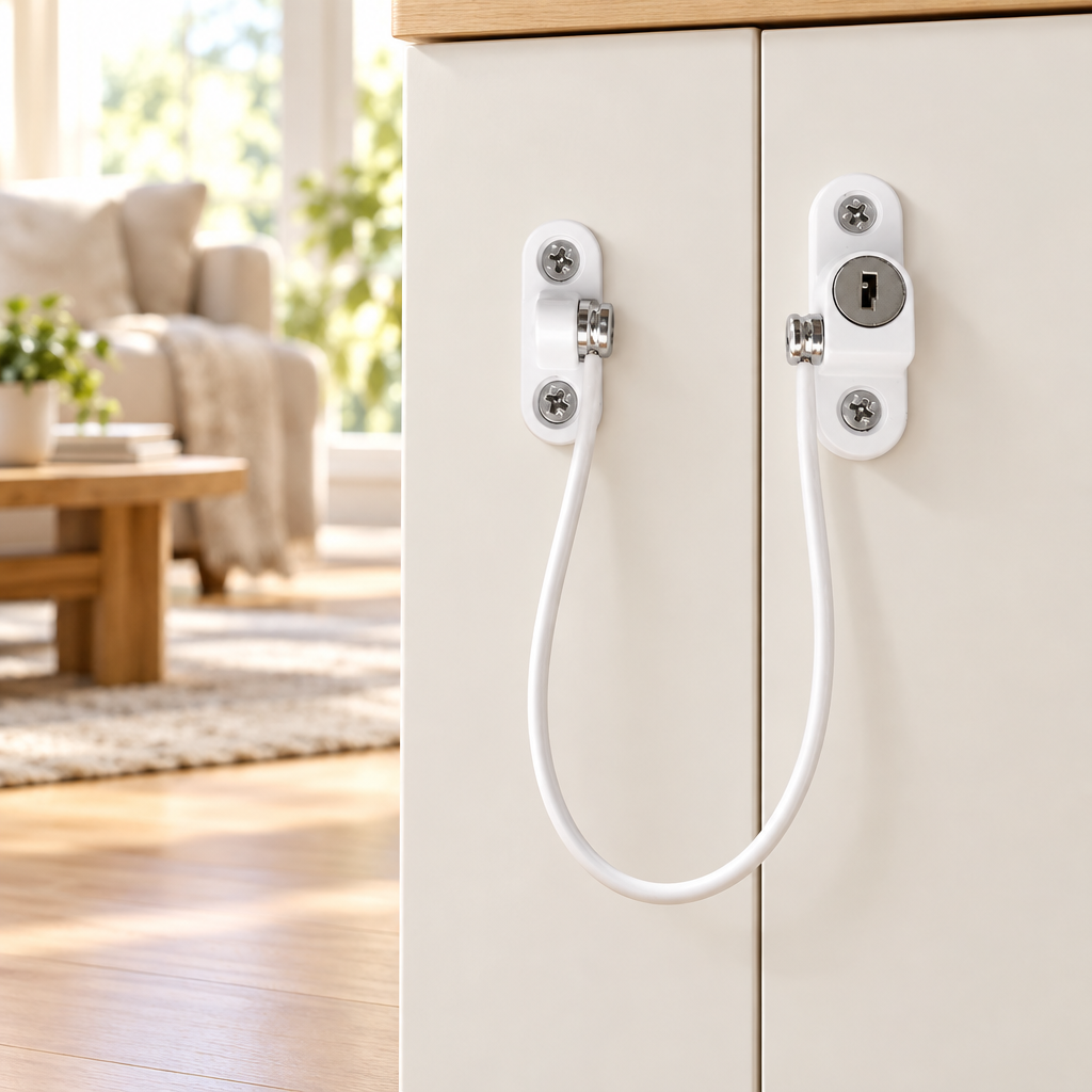 Window security chain lock fitted in a bright modern home interior