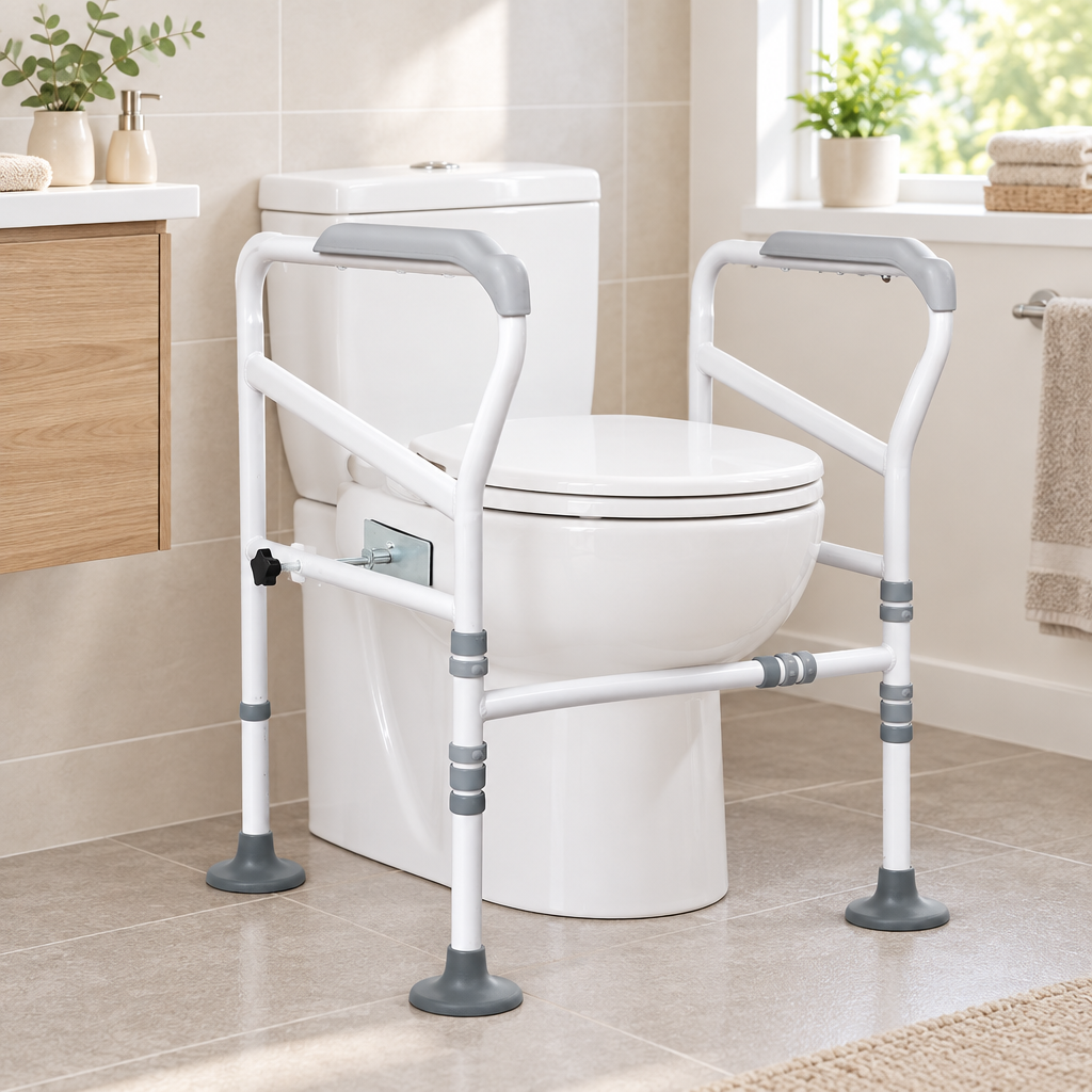 Toilet handrail assist shelf in a senior-friendly accessible bathroom