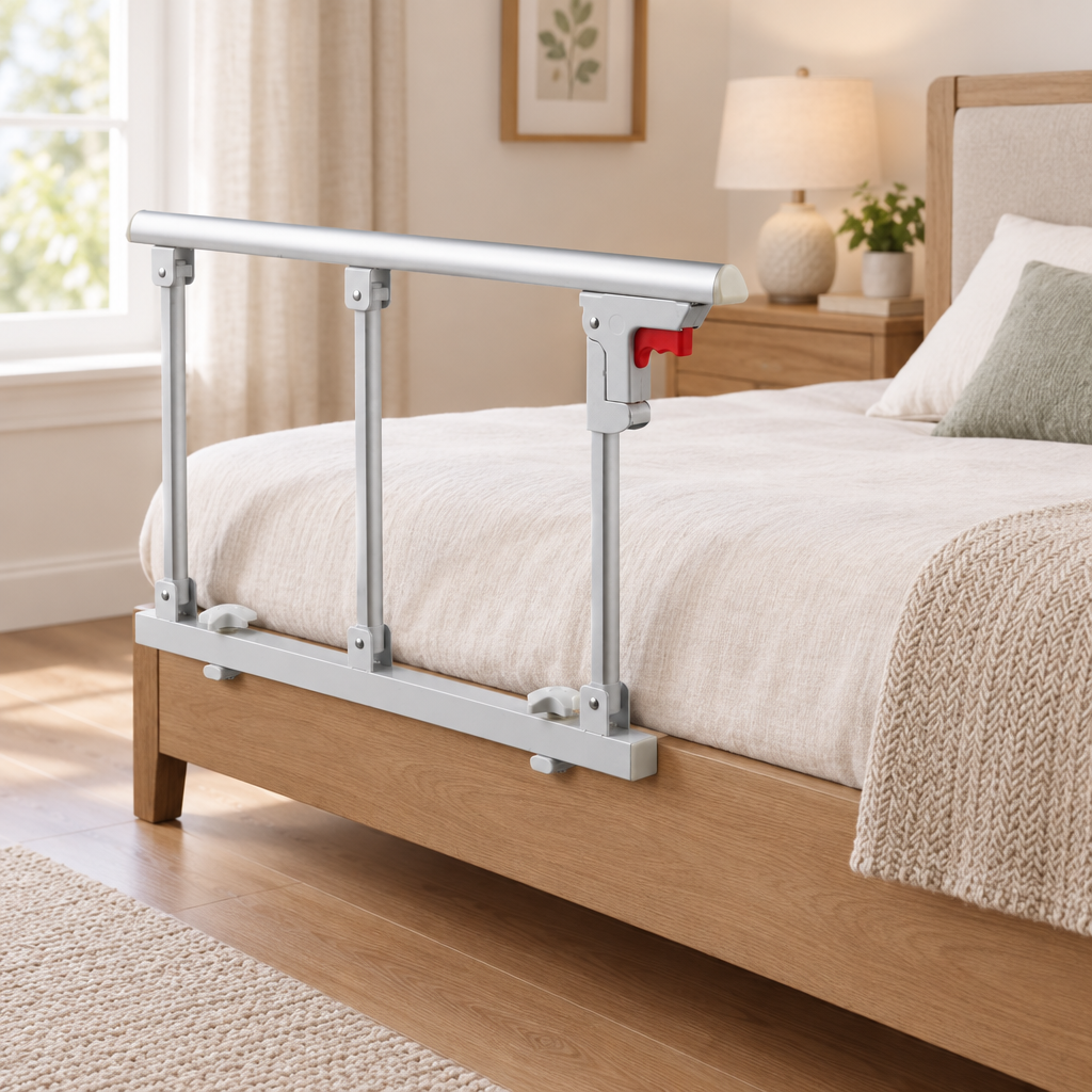 Foldable bed rail fitted to a bed in a senior-friendly accessible bedroom