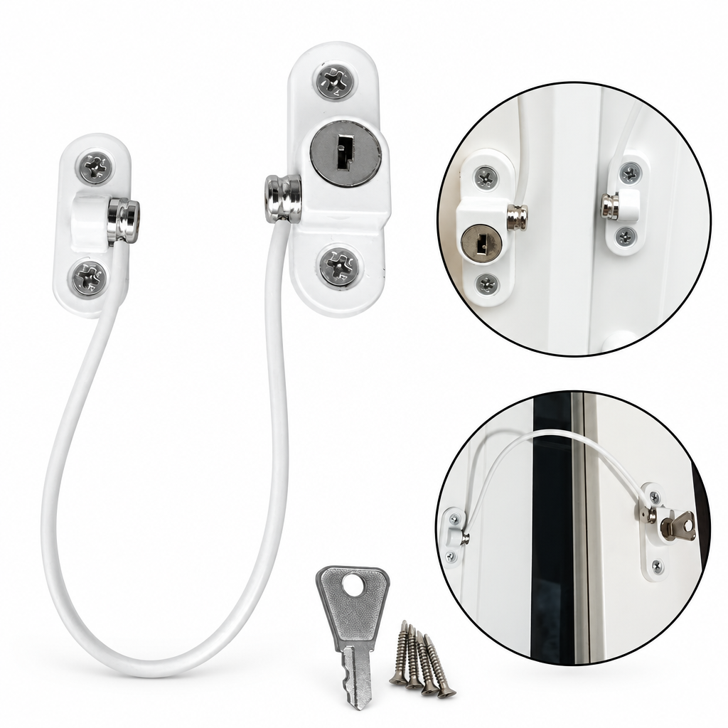Window security chain lock cable restrictor on a white studio background