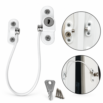 Window security chain lock cable restrictor on a white studio background