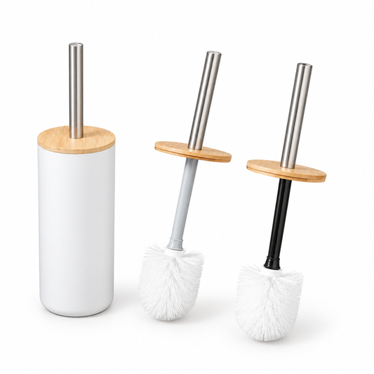 Household toilet brush with long handle, studio product photo