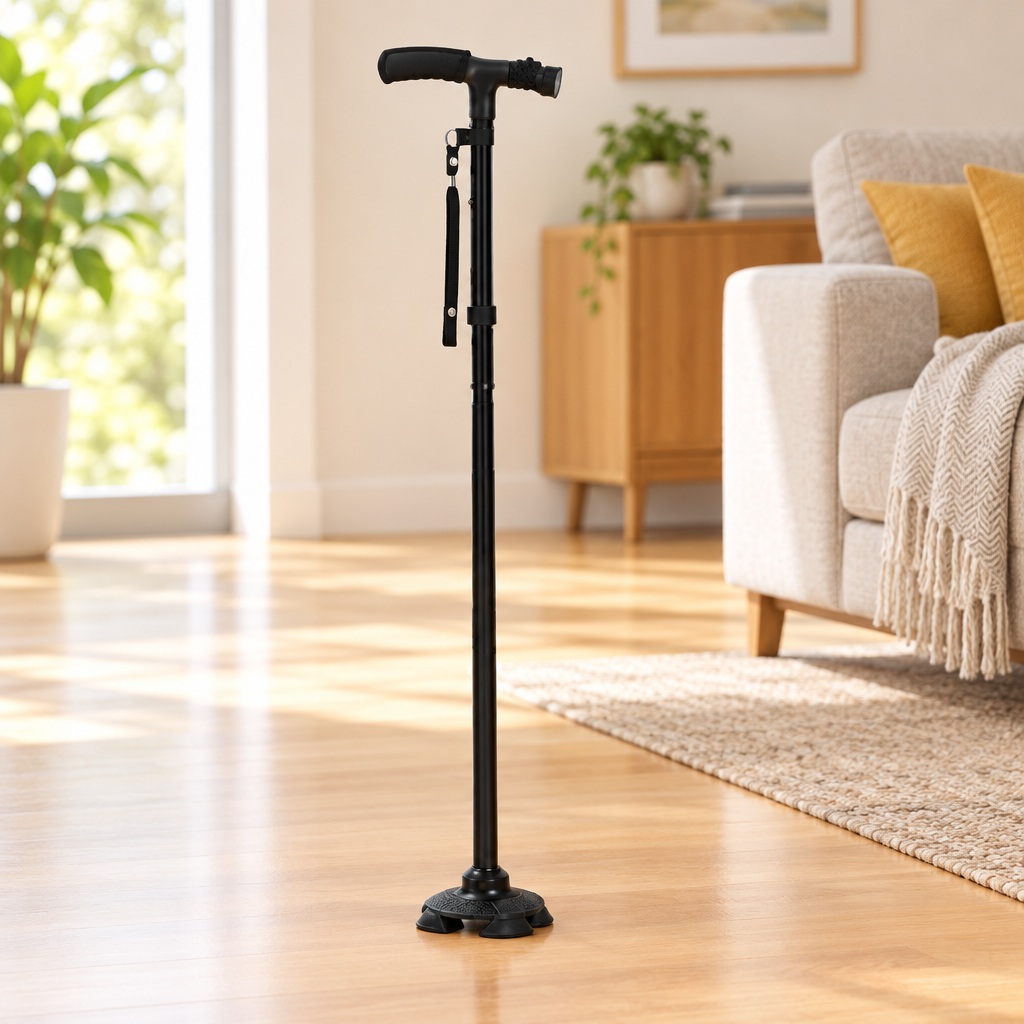 Folding LED walking stick cane shown in a bright home interior