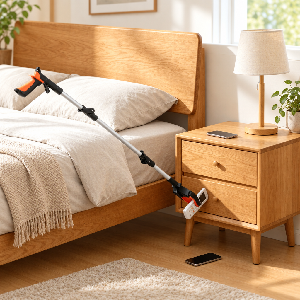 Foldable reacher grabber shown in a bright uncluttered home interior