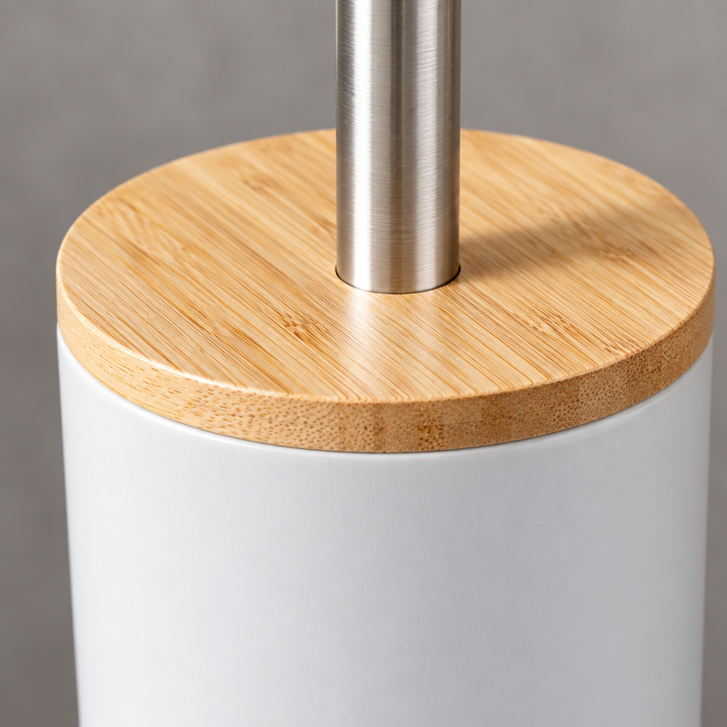Close-up detail of the toilet brush bristles and handle