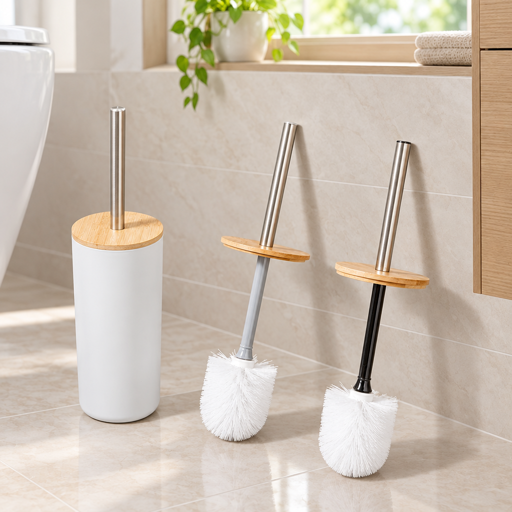 Long handle toilet brush shown in a bright modern home bathroom