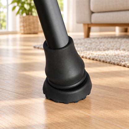 Black cane tip cover shown in a bright uncluttered home interior