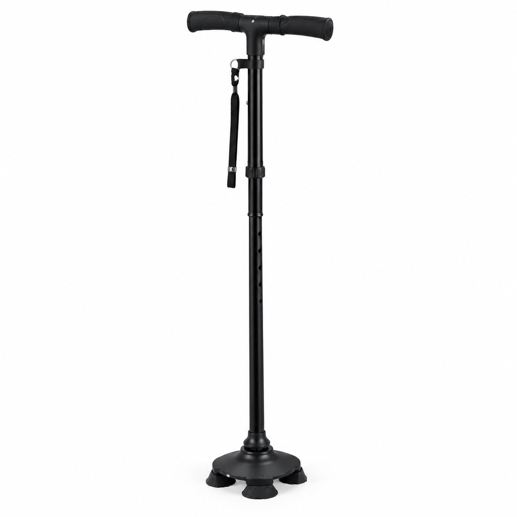 Folding LED aluminium walking stick cane, studio product photo