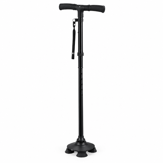 Folding LED aluminium walking stick cane, studio product photo