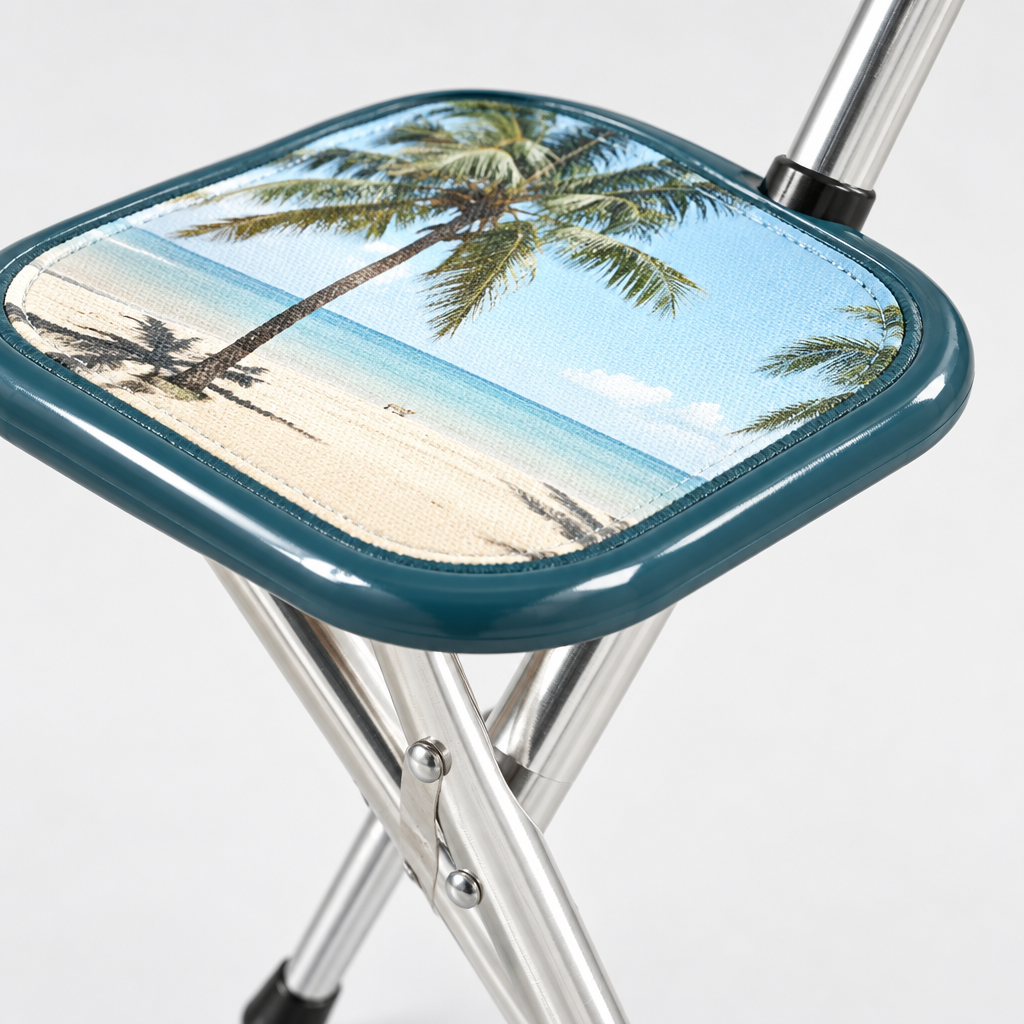 Close-up detail of the cane stool seat and folding legs