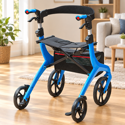 Folding rollator walker shown in a bright uncluttered home interior