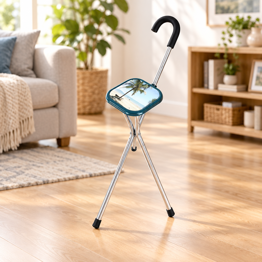 Cane stool shown in a bright uncluttered home interior