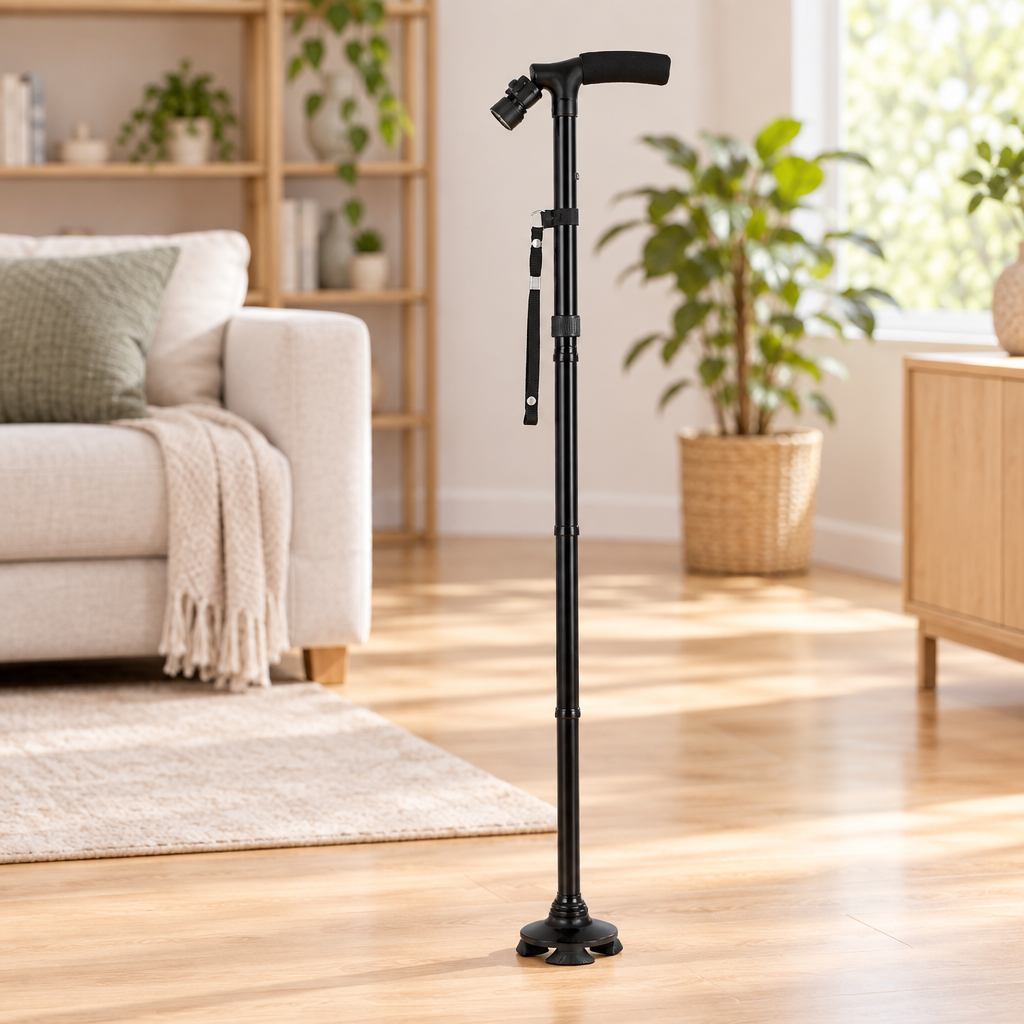 LED folding cane shown in a bright uncluttered home interior
