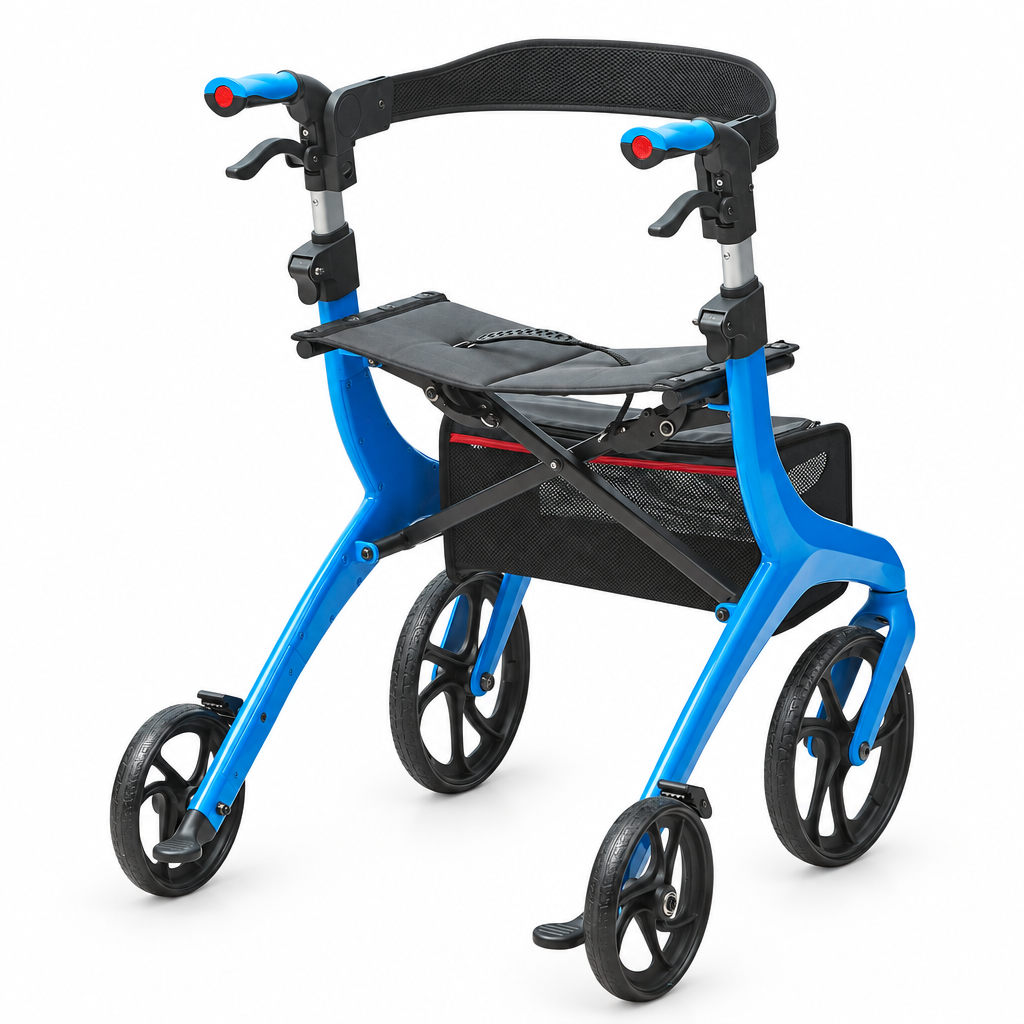 Folding lightweight aluminium rollator walker, studio product photo