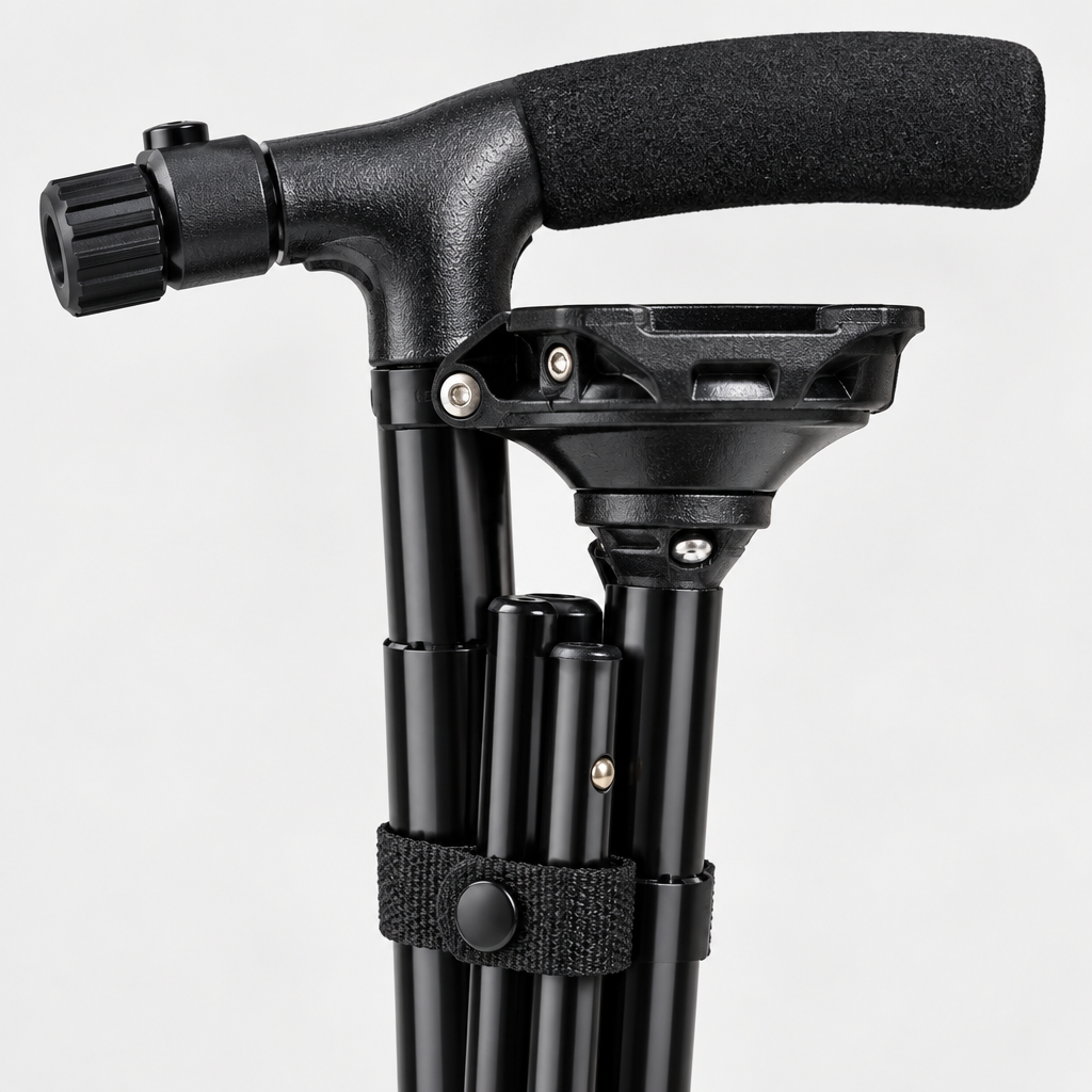 Close-up detail of the LED folding cane handle and shaft