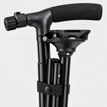 Close-up detail of the LED folding cane handle and shaft